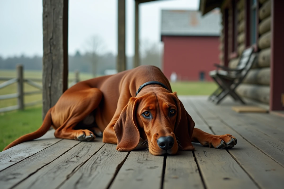 Red Coonhound allongé sur le porche d'une ferme rustique à la campagne
