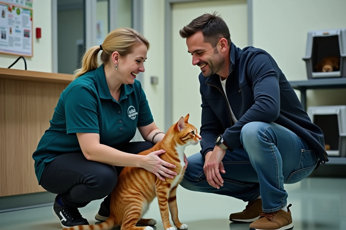Bénévole d'une association recevant un chat roux remis par son propriétaire à l'accueil d'un refuge pour animaux