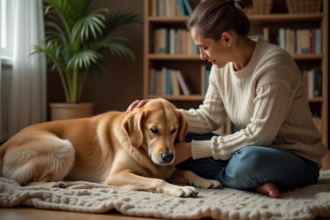 Retraite d'un chien doré avec une femme dans un salon chaleureux