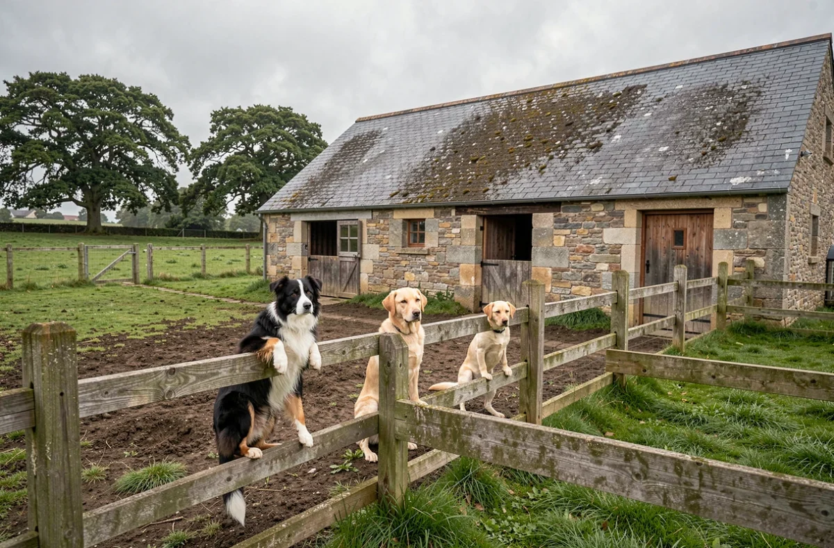Deux Border Collies et un Labrador près d'une grange en pierre du Finistère, illustrant l'élevage multi-races Rose Western Ranch en Bretagne