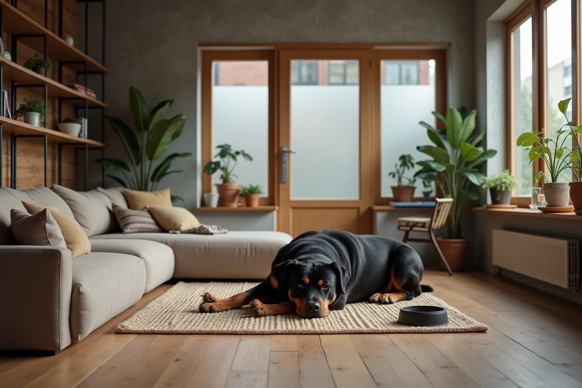 Rottweiler se reposant paisiblement dans un appartement urbain bien aménagé