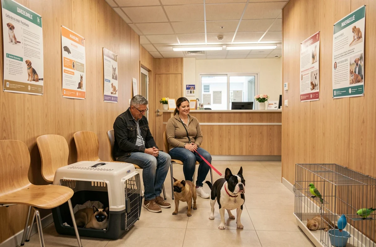 Salle d'attente d'une clinique vétérinaire à Marseille avec des propriétaires d'animaux et leurs animaux de compagnie