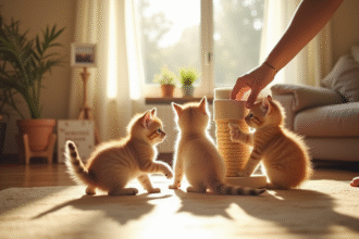 Salon lumineux avec chatons curieux et arbre à chat