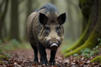 Sanglier adulte sauvage en forêt de chênes française, vue en contre-plongée sur sol de feuilles mortes