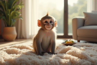 Singe macaque souriant dans un salon lumineux et moderne