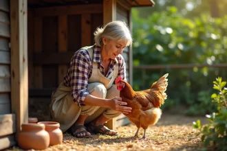 Femme soignant une poule pondeuse rousse dans un poulailler rustique en bois avec de la paille au sol