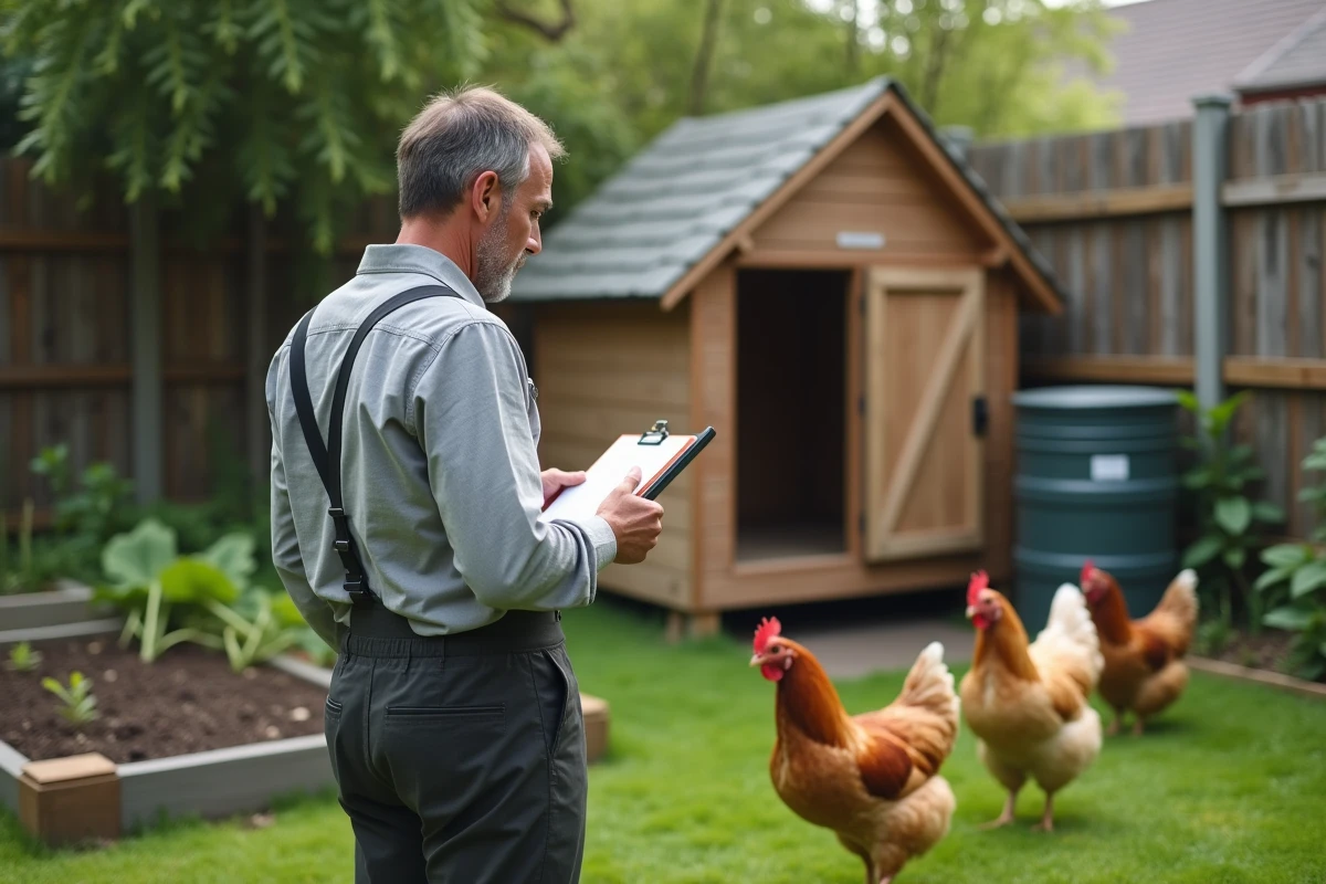 Éleveur amateur observant ses poules pondeuses blanches en liberté dans un jardin avec un carnet de suivi