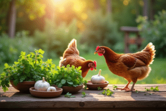 Table rustique en plein air avec herbes et ail et poules