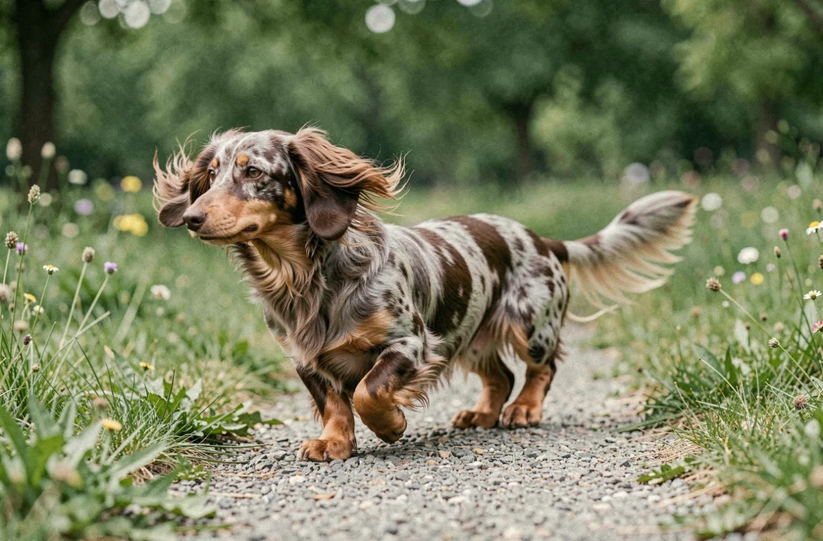 Teckel arlequin à poil long en promenade dans un parc verdoyant, son pelage merle chocolat et gris flottant légèrement en mouvement