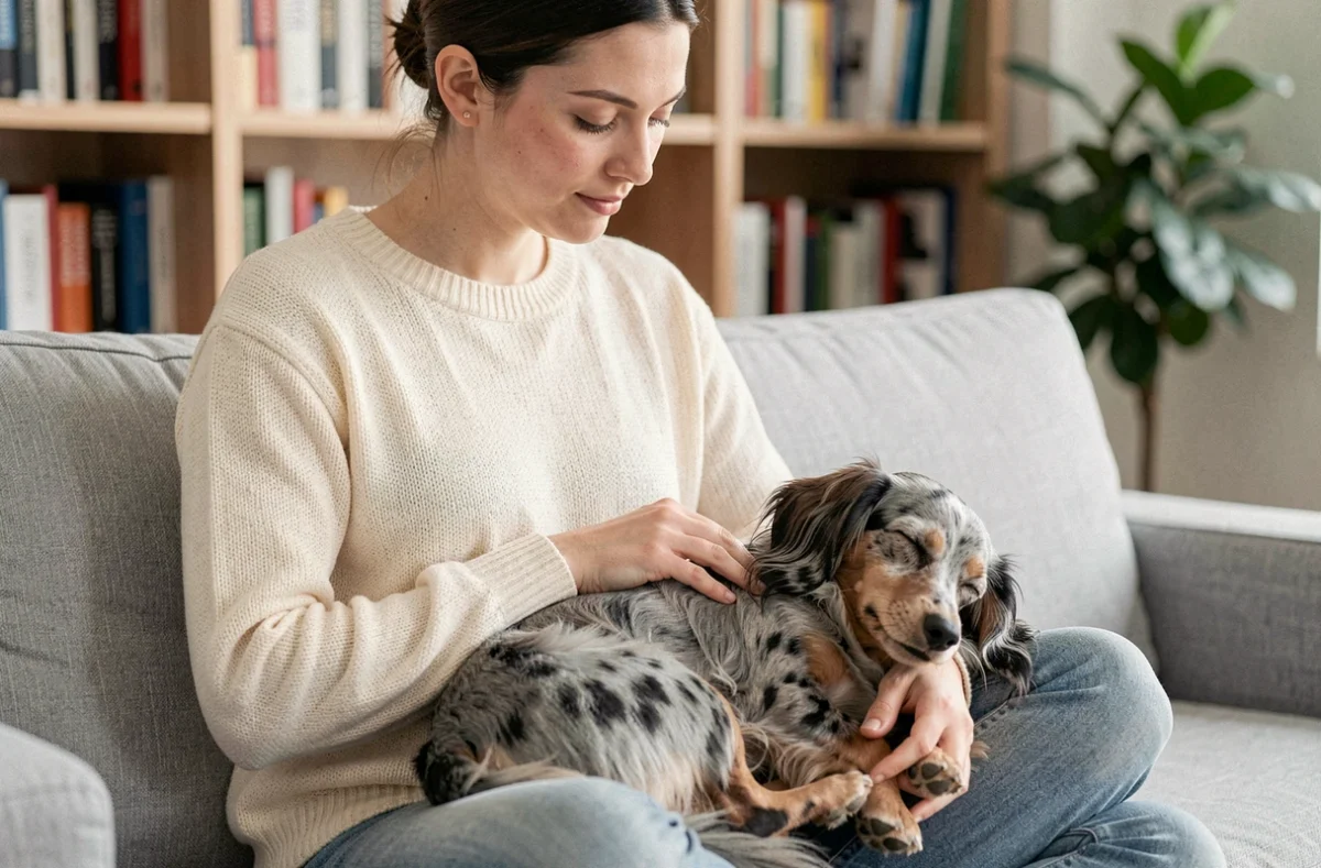 Femme assise sur un canapé gris clair caressant affectueusement son teckel arlequin à poil long endormi sur ses genoux dans un intérieur moderne