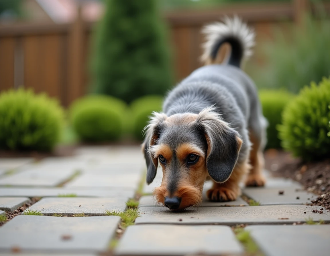 Teckel Kaninchen à poil dur explorant un jardin lors d'une sortie quotidienne