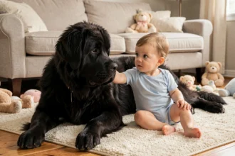 Grand chien Terre Neuve noir allongé sur un tapis avec un bébé en barboteuse bleue qui lui touche doucement le pelage dans un salon familial chaleureux