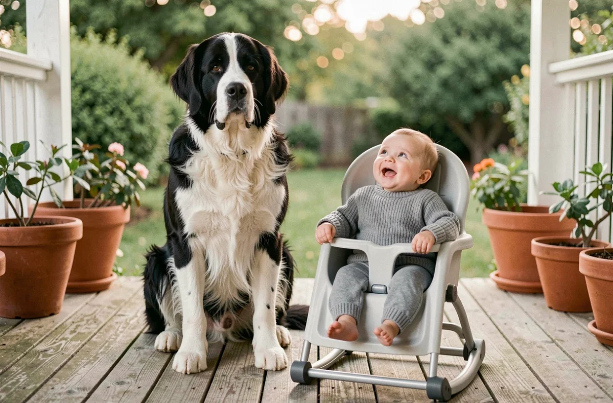 Chien Terre Neuve bicolore assis en garde protectrice à côté d'un bébé souriant dans un fauteuil sur une terrasse en bois