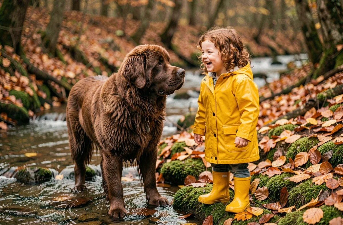 Enfant en ciré jaune riant avec un chien Terre Neuve marron au bord d'un ruisseau en forêt automnale