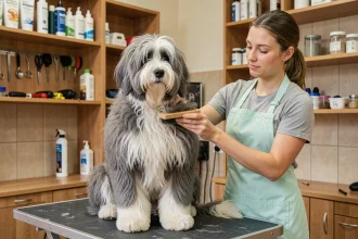 Chien à poil long sur table de toilettage dans un salon professionnel, toiletteur utilisant une brosse slicker