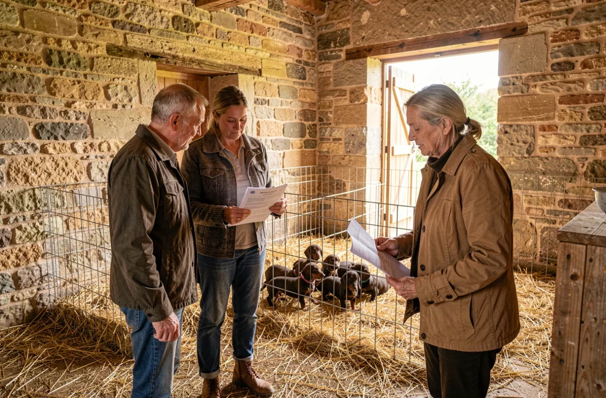 Un couple consultant un éleveur agréé dans un chenil rural français, illustrant la difficulté à trouver un éleveur responsable