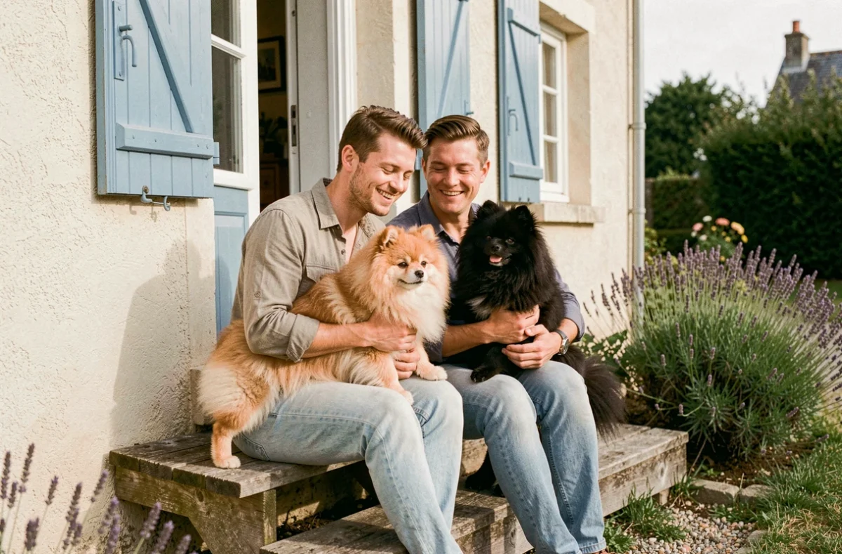 Un couple breton entouré de trois Spitz Pomeranian de couleurs différentes devant leur ferme, illustrant l'élevage familial Ty'spitz Breizh