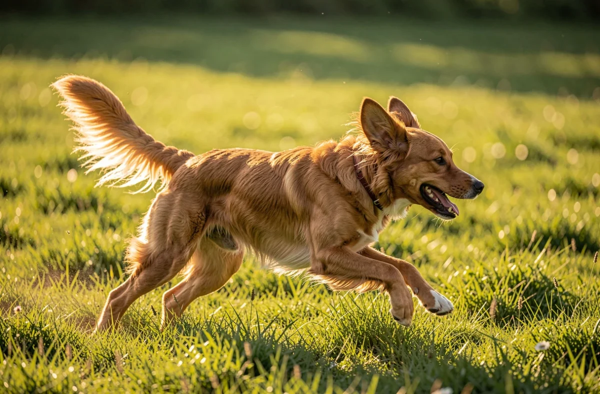 Un chien court dans une prairie verte en fin d'après-midi