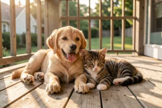 Un chiot et un chaton se reposent ensemble sur une terrasse en bois