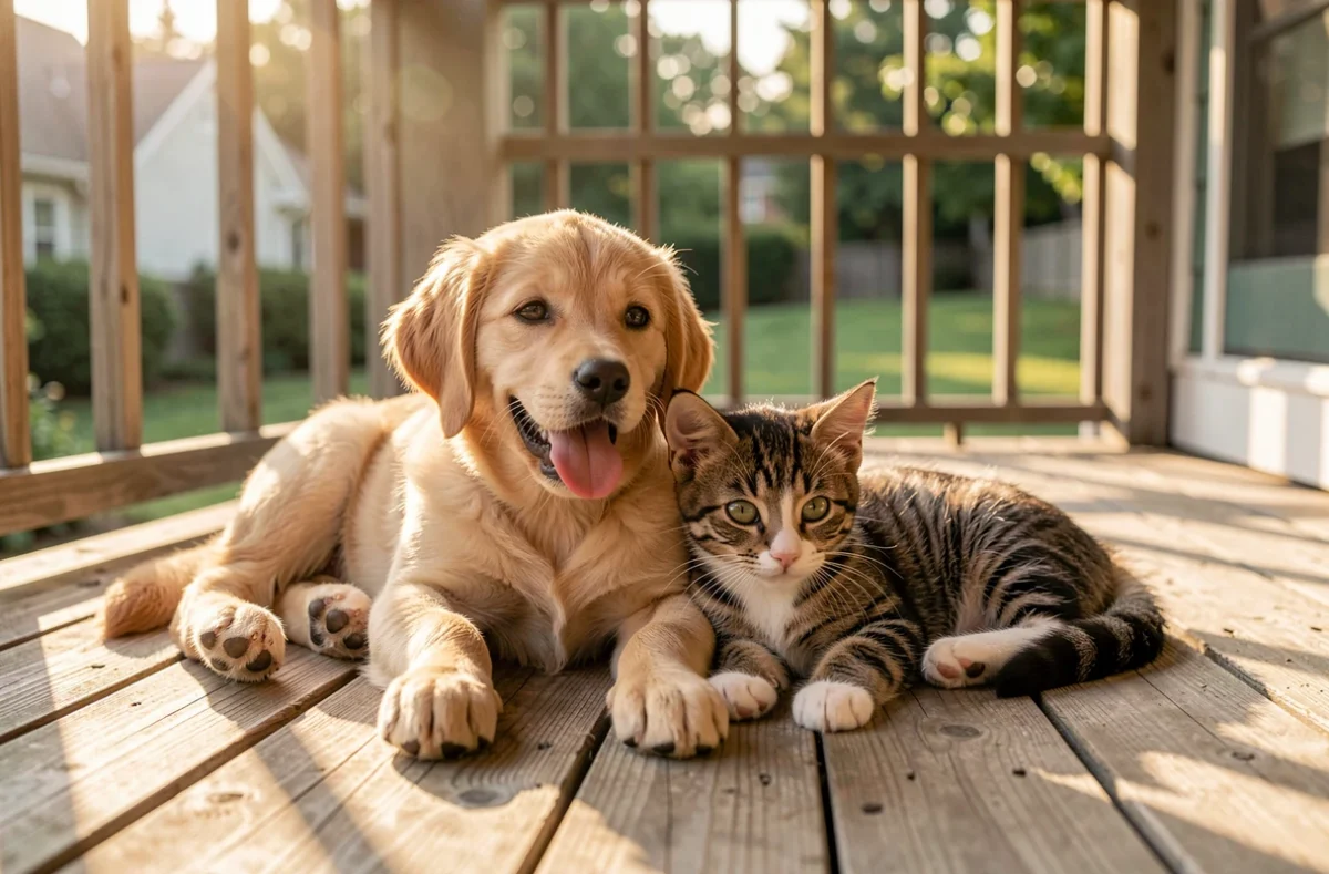 Un chiot et un chaton se reposent ensemble sur une terrasse en bois