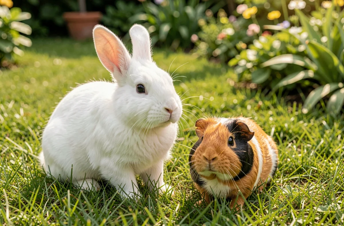 Un lapin blanc et un cochon d'Inde sur l'herbe d'un jardin