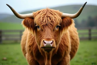 Vache Highland fluffy au pelage épais et doré dans un pré vert en Écosse, vue en plan large