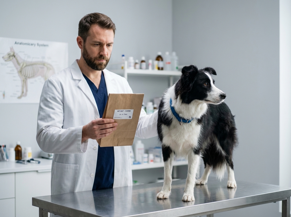 Vétérinaire tenant un aliment diététique vétérinaire prescrit pour chien dans une clinique vétérinaire