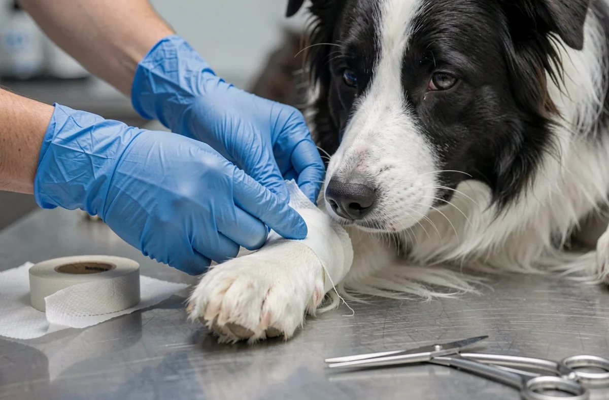 Gros plan sur les mains gantées d'un vétérinaire bandageant la patte d'un border collie sur une table d'examen