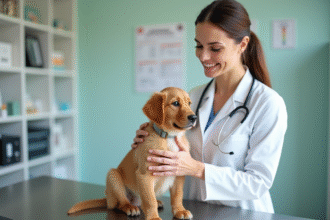 Vétérinaire souriante avec un chiot golden retriever