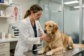 Vétérinaire femme examinant un golden retriever dans une clinique vétérinaire moderne en milieu urbain