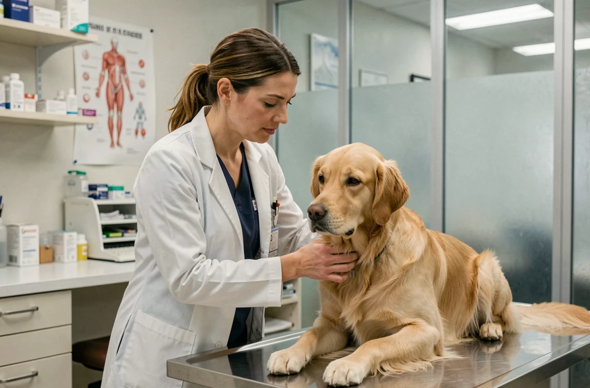 Vétérinaire femme examinant un golden retriever dans une clinique vétérinaire moderne en milieu urbain