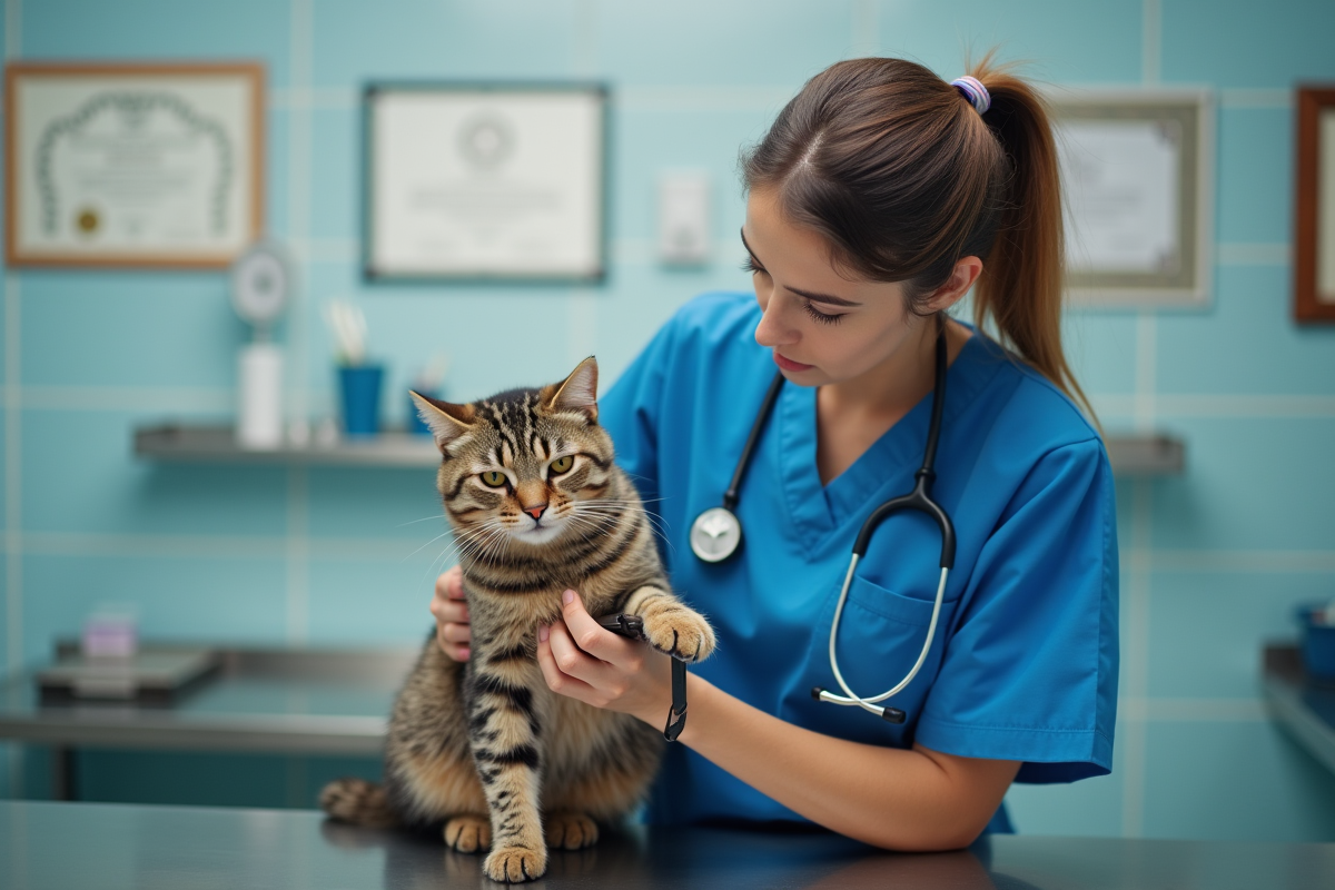 Vétérinaire en scrubs bleu clipant un chat calme