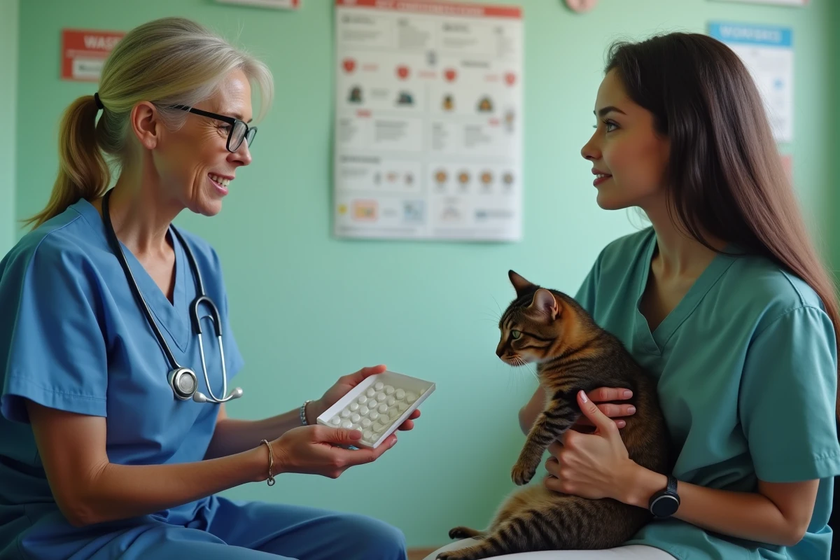 Vétérinaire conseillant une femme avec son chat dans un cabinet