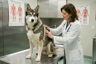 Vétérinaire examinant un croisement husky berger allemand sur une table de consultation