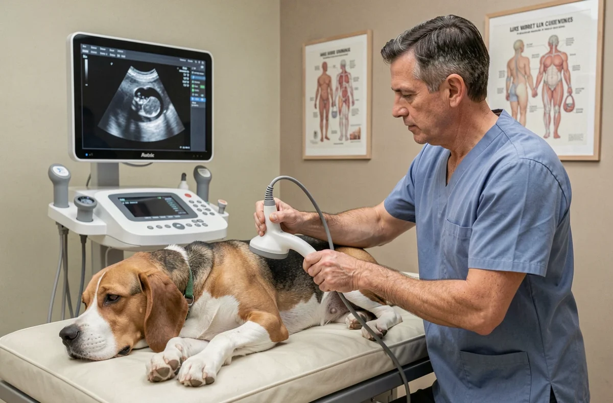Vétérinaire effectuant une échographie sur une chienne beagle gestante dans une clinique vétérinaire