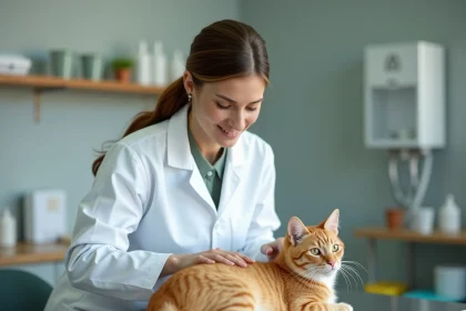 Vétérinaire examinant un chat roux détendu sur une table d'examen en clinique vétérinaire