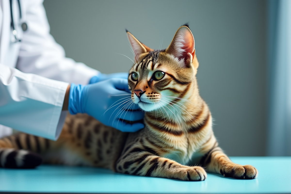 Vétérinaire examinant un chat tacheté sur une table lumineuse