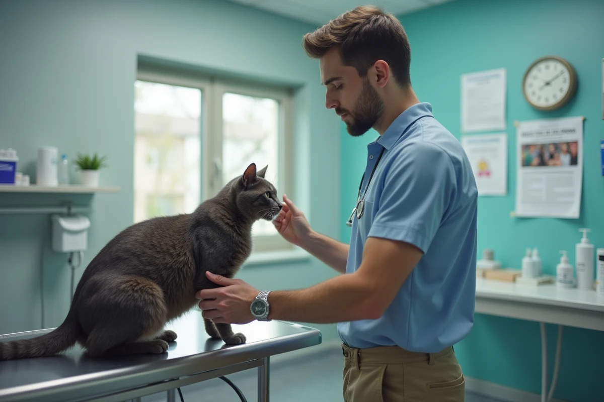 Vétérinaire examinant un chat gris en clinique