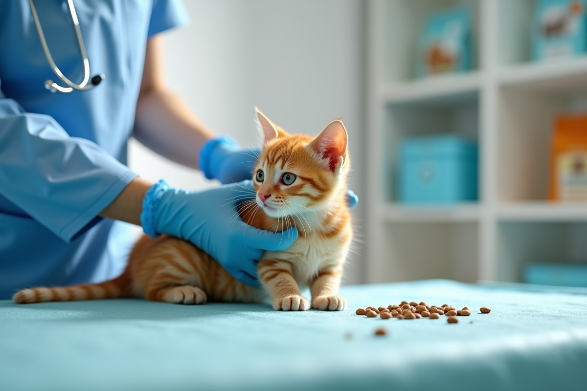 Vétérinaire examinant un chaton roux sur une table lumineuse