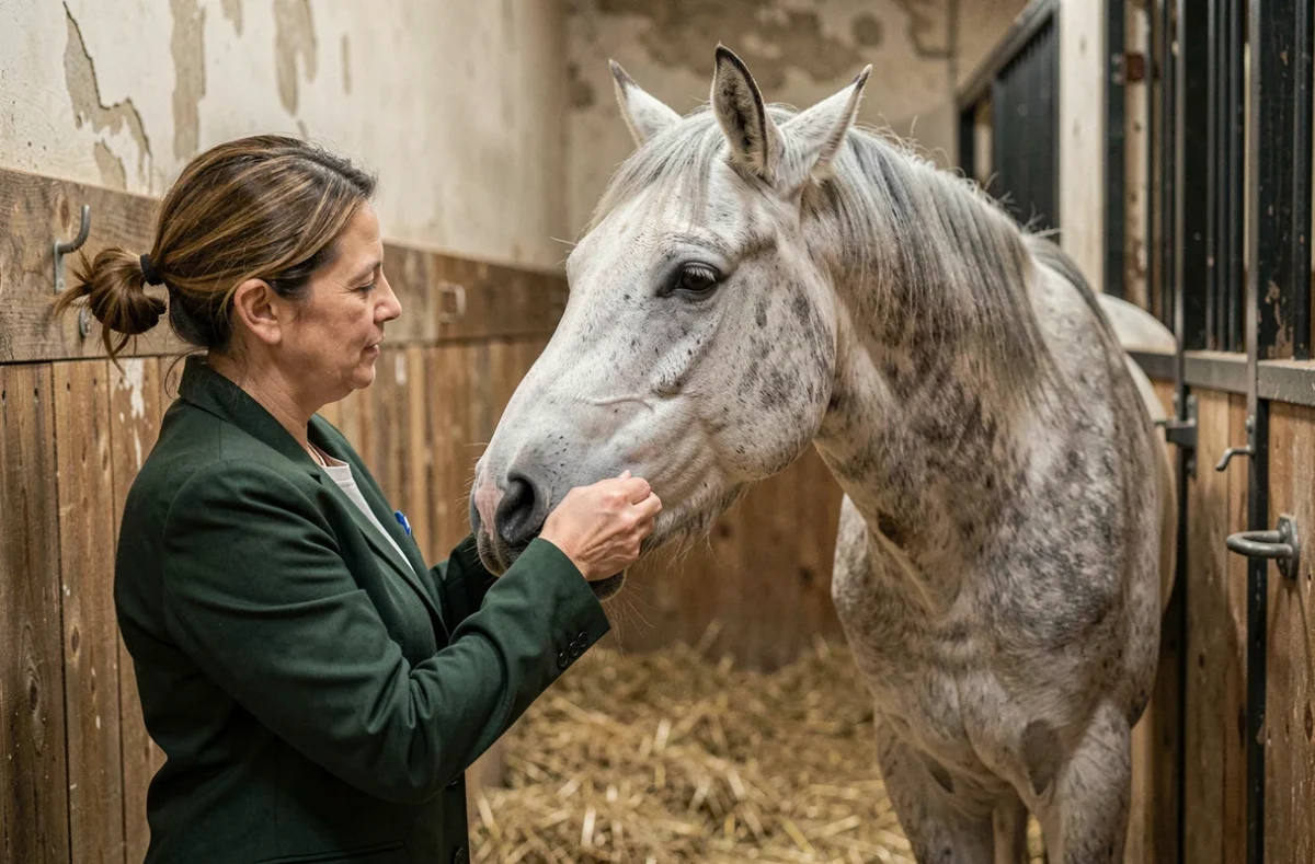 Vétérinaire examinant les dents d'un vieux cheval gris dans une écurie, geste professionnel pour évaluer l'âge et la santé du cheval