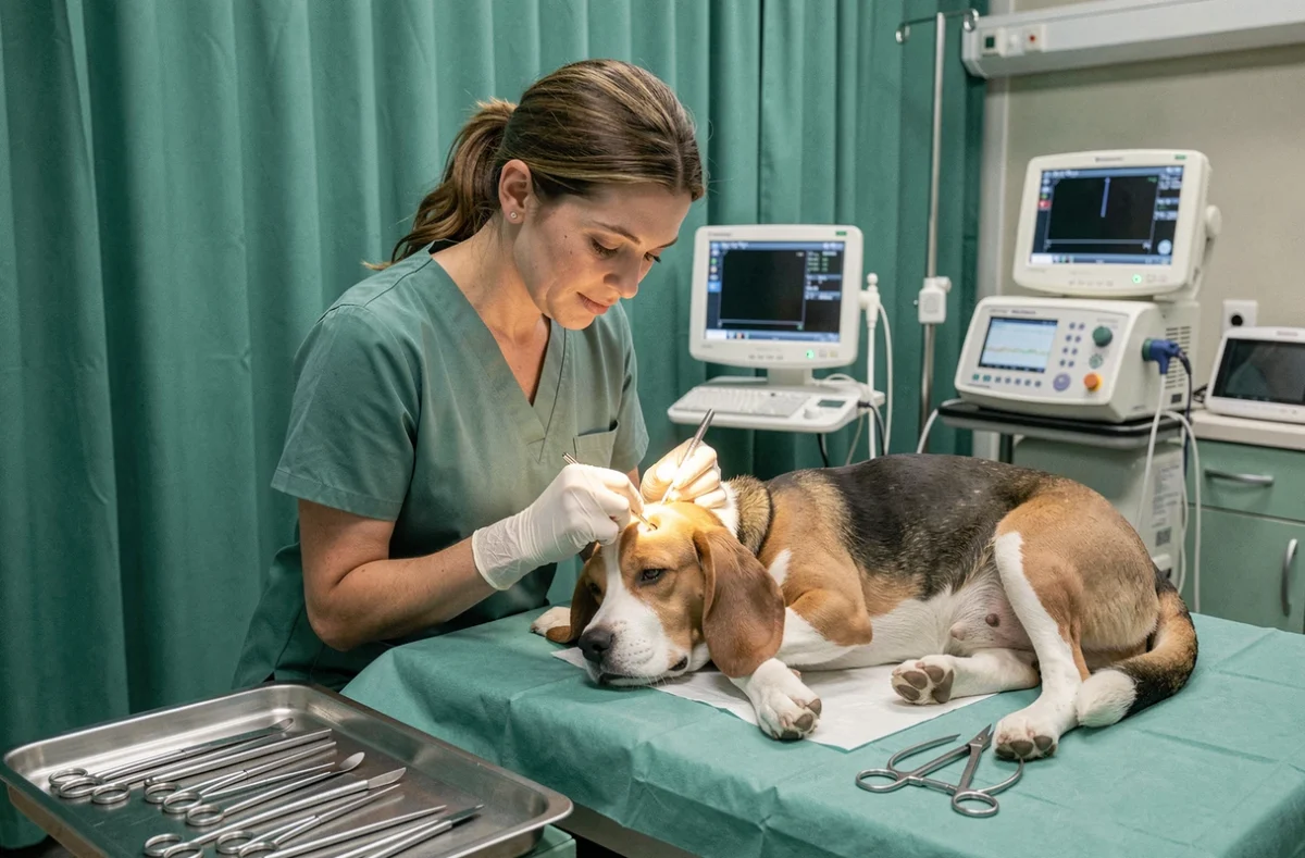 Vétérinaire réalisant un examen dentaire sur un chien beagle dans une salle d'opération vétérinaire