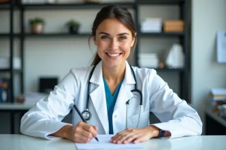 Vétérinaire femme en bureau avec dossiers et outils