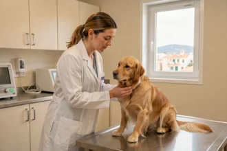 Vétérinaire femme examinant un golden retriever dans une clinique vétérinaire moderne à Marseille