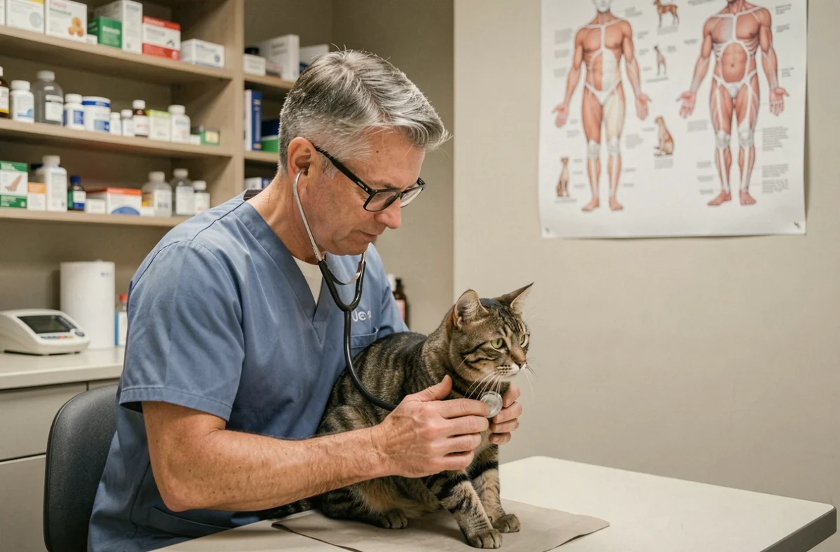Vétérinaire masculin auscultant un chat tigré avec un stéthoscope dans une salle de consultation