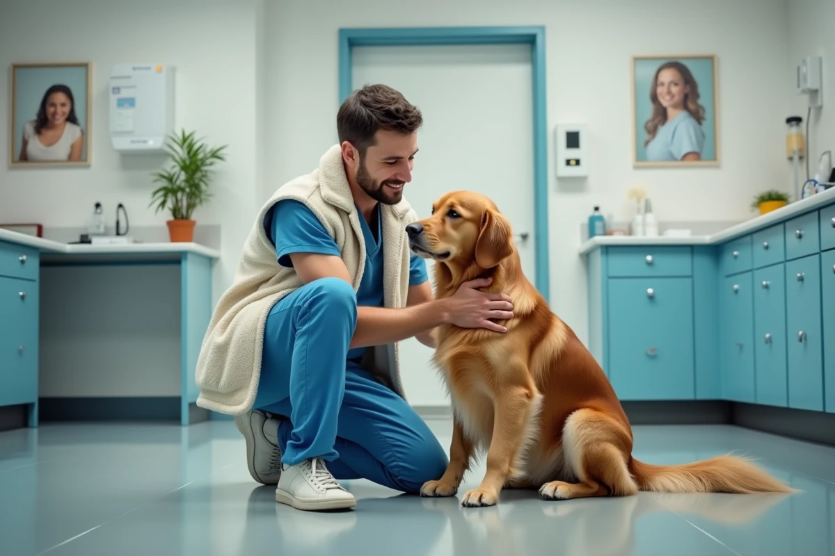 Vétérinaire homme avec chien lors d