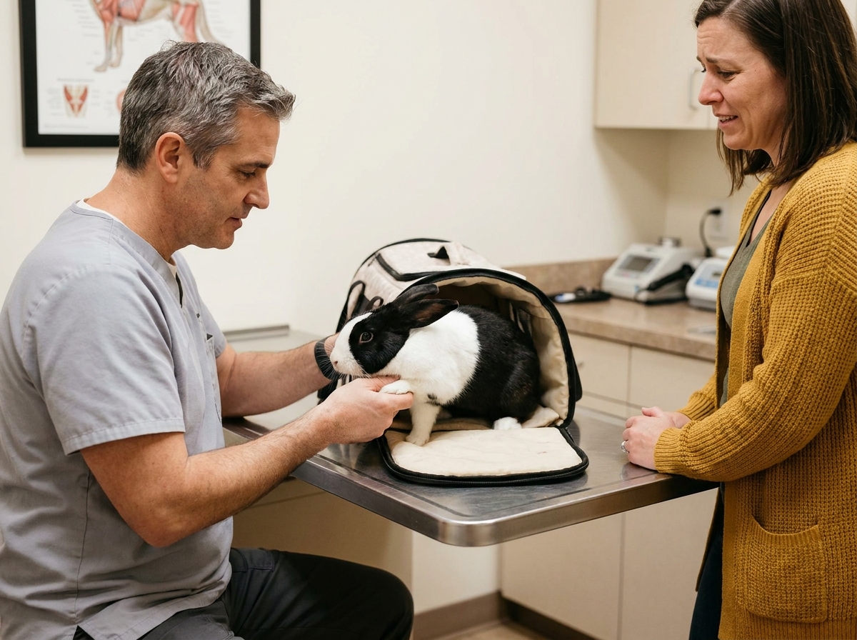 Vétérinaire expérimenté examinant un lapin stressé qui se détend progressivement