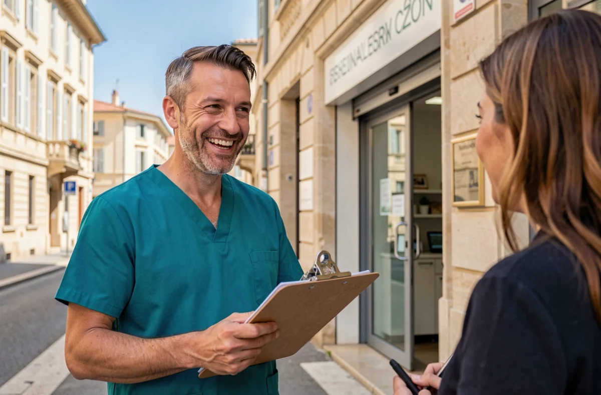 Vétérinaire marseillais souriant devant sa clinique avec la ville en arrière-plan