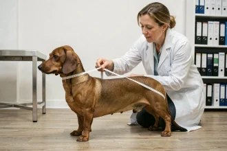 Vétérinaire mesurant un teckel standard à poil ras sur une table d'examen, illustrant les critères morphologiques de la race