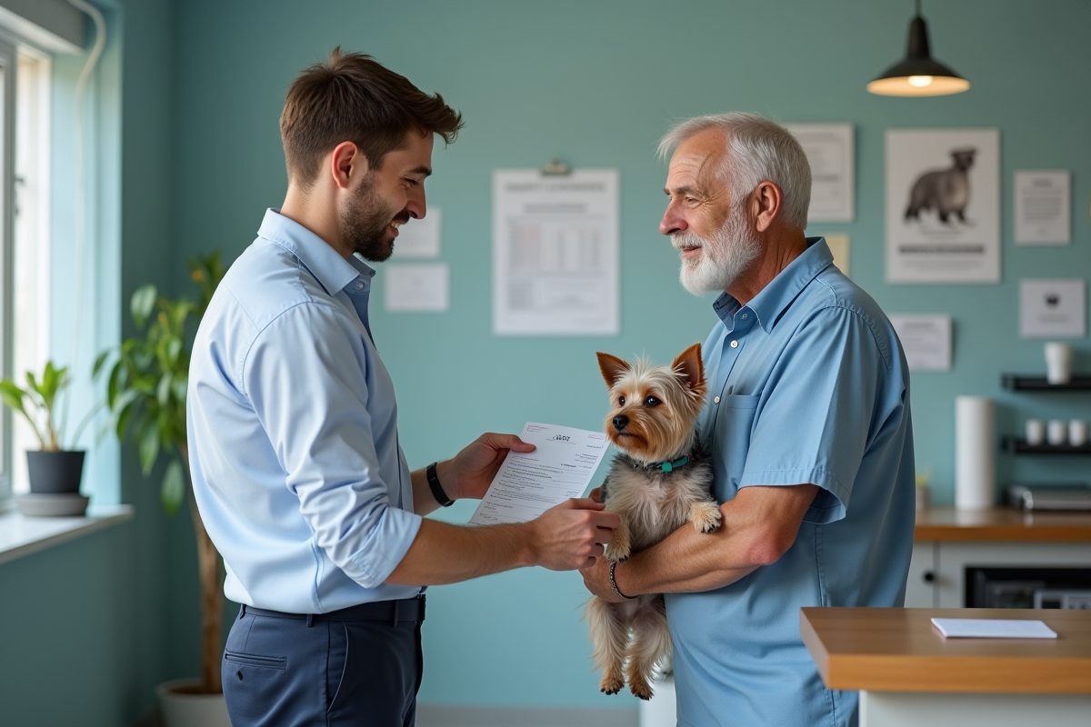 Vétérinaire remettant un reçu à un senior avec son chien dans la clinique
