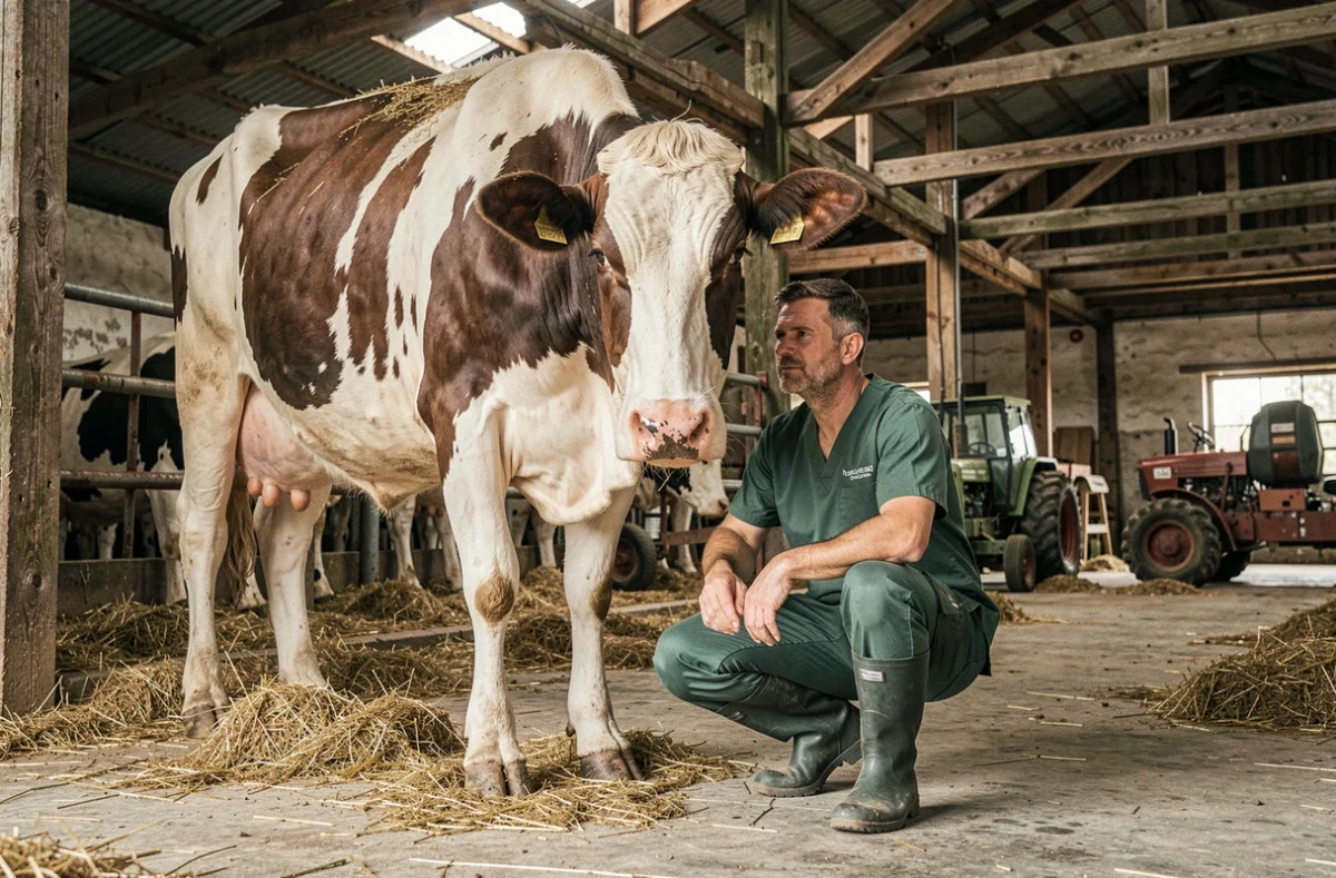 Vétérinaire rural examinant une vache laitière dans une ferme, illustration des écarts de salaire selon la taille de structure